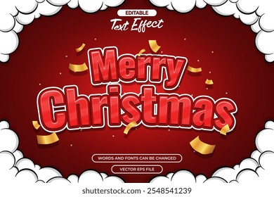 Merry Christmas editable text effect with confetti decoration and cloud background