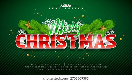 Feliz Natal editável efeito de texto Design Vetor estilo gráfico com letras de tipografia 3D vermelha e Fir Branc no fundo verde inverno Natal Natal modelo de ilustração de férias para cartão de saudação