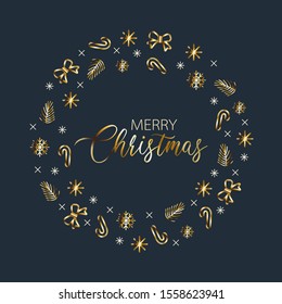 Merry Christmas. Elegant Christmas background with Golden patterns on a dark background. Vector illustration, poster, postcard, invitation to a party