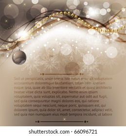 Merry Christmas Elegant Background for Greetings Card with balls, snowflakes and sparks