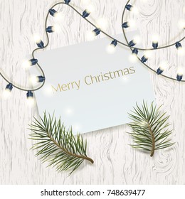 Merry Christmas elegant  background with realistic pine branches and lights . Trendy design. Vector illustration. Happy New Year greeting card