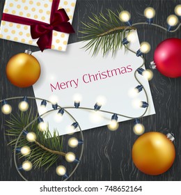 Merry Christmas elegant  background with realistic pine branc, gift box and Christmas balls. Minimalistic trendy design. Vector illustration. Happy New Year greeting card