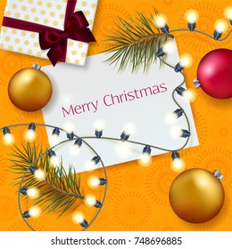 Merry Christmas elegant  background with realistic pine branches, lights and golden and red decor. Trendy design. Vector illustration. Happy New Year greeting card