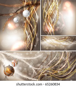 Merry Christmas Elegant Background set for Greetings Card with balls, snowflakes, fur tree branches and sparks