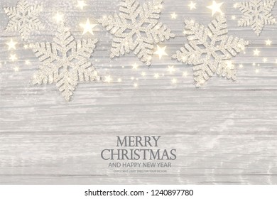 Merry Christmas Elegant Background with Silver Snowflakes and Stars on Wood Texture. Vector illustration