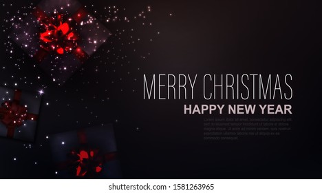 Merry Christmas Elegant Banner with Realistic Gift Boxes & Copy Space. Vector Illustration