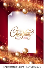 Merry Christmas Elegant Design Template. Gold Fir Tree Branches, Glossy Balls, Lettering and Light Effect. Vector illustration