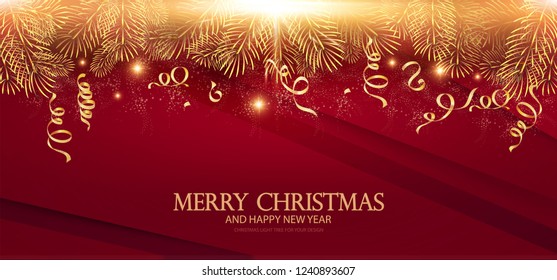 Merry Christmas Elegant Design Template. Gold Fir Tree Branches, Serpentine and Light Effect. Vector illustration