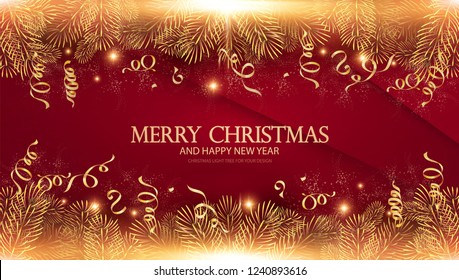 Merry Christmas Elegant Design Template. Gold Fir Tree Branches, Glossy Balls and Light Effect. Vector illustration