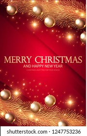 Merry Christmas Elegant Design Template. Gold Fir Tree Branches, Glossy Balls and Light Effect. Vector illustration