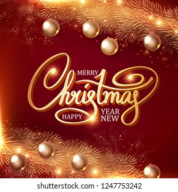 Merry Christmas Elegant Design Template. Gold Fir Tree Branches, Glossy Balls, Lettering and Light Effect. Vector illustration