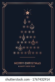 Merry Christmas elegant greeting card with rose gold Christmas tree and navy blue background. Luxury Xmas concept for social networks, banner, invitation, mobile, greeting cards. Vector illustration