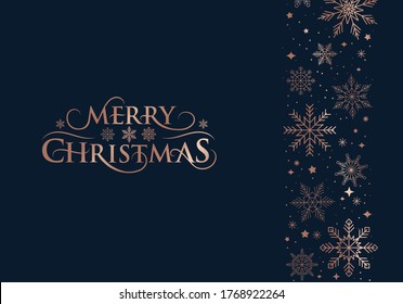 Merry Christmas elegant greeting card. Xmas luxury design template for wallpaper, greeting card, banner, invitation. Christmas rose gold snowflakes icons on navy blue background. Vector illustration