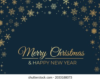 Merry Christmas elegant greeting card with gold snowflakes, Happy New Year luxury design template for invitation,banner, poster, web, background, wallpaper, mobile. Linear snowflakes holiday design