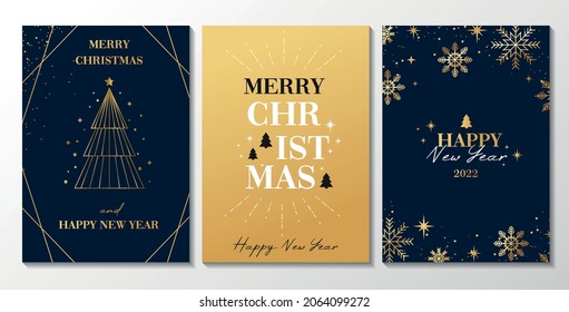 Merry Christmas elegant greeting card set. Navy and gold New Year backgrounds for social media with linear snowflakes, gifts, Christmas tree. Trendy luxury Xmas design vector illustration.