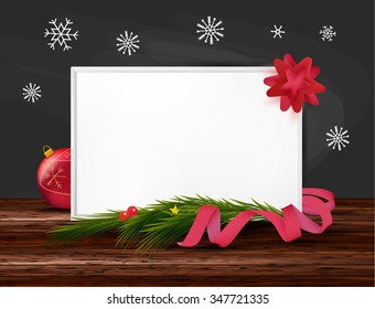Merry Christmas Elegant Suggestive Background for Greetings Card with glitter lights and stunning baubles. Chalk Board and wood