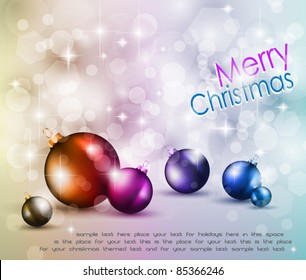 Merry Christmas Elegant Suggestive Background for Greetings Card with glitter lights and stunning baubles.