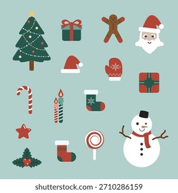 Conjunto de elementos de Navidades alegres, árbol de Navidad, caramelo, vela, regalos, dulces, pan de jengibre. Paquete de pegatinas de artículos de vacaciones, conjunto de Ilustración vectorial de elementos de Navidades, adornos de Navidad