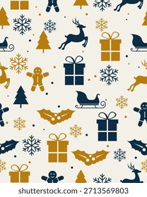 merry christmas element wrapping gift seamless background. christmas element deer, gift, snowflake and tree pattern. vector illustration flat design.