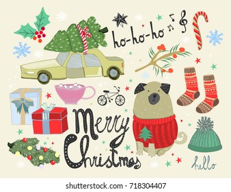Merry christmas elements. Colored doodle vector set. All elements are isolated
