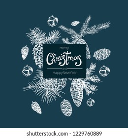 merry Christmas, Christmas elements, fir cones,, hand drawing, banner, vector