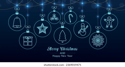 Merry Christmas. Christmas elements hanging line blue isolated background