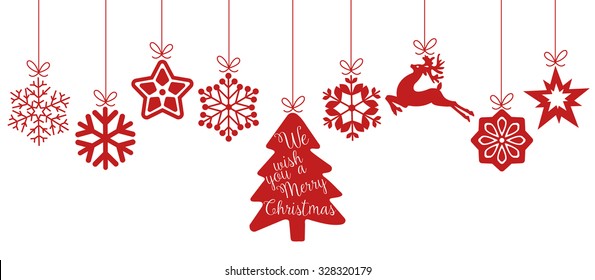 Merry Christmas. Christmas elements hanging line red isolated background.