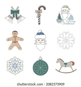 Merry Christmas elements, jingle bells and rocking horse, Santa Claus holds in a hand tree, cookie gingerbread and striped candy cane, Christmas ball and snowflake, vector illustration