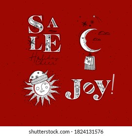 Merry Christmas elements lettering sale, holiday cheer, joy and illustrated sun with santas hat and moon with gift drawing in graphic style on red background