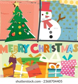 Merry Christmas and Christmas elements punchy style with risograph printing effect vector illustration.