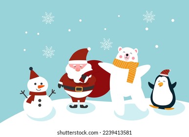 Merry Christmas elements, Santa, cute bear and penguin with snowman in snowfall