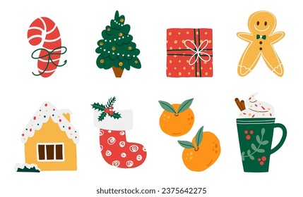Merry Christmas elements set in cartoon style. Cute Christmas tree, house, gifts, food, decor. Xmas and New Year decoration. Flat vector illustration isolated on white background