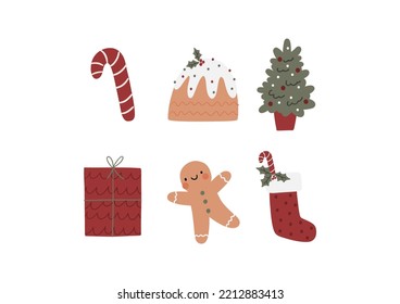 Merry Christmas elements set in flat style. Funny vector card or poster for winter holidays and new year party.