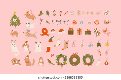 Merry Christmas elements set with holiday pets. Cozy holiday domestic cat, dog, hamster, parrot, turtle. Hand drawn cartoon style illustration. Cute and funny animals, vector sticker collection