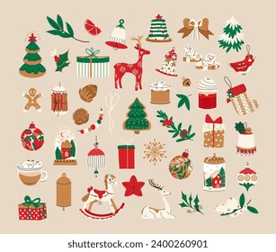 Merry Christmas elements vector set with snowman, Christmas tree, toys, bell, sweets, candle, gift box, holly, cookies. Cozy holiday hand drawn cartoon style cute illustration