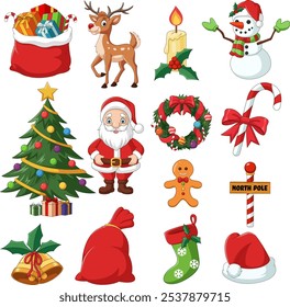 Merry Christmas elements vector set with Santa clause, snowman, Christmas tree, toys, bell, sweets, candle, gift box, holly, cookies