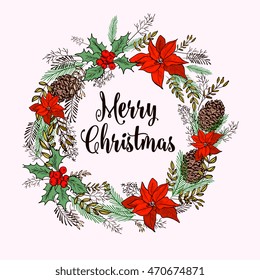 Merry Christmas elements and wreath for holiday invitation Merry Christmas and Happy New Year Card. Christmas Wreath.