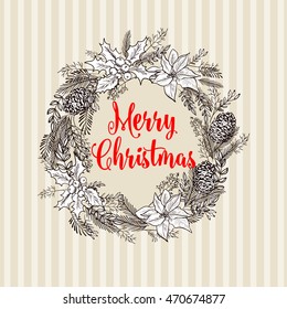 Merry Christmas elements and wreath for holiday invitation Merry Christmas and Happy New Year Card. Christmas Wreath.