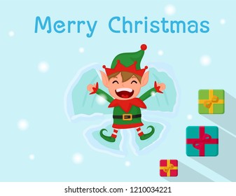 Merry Christmas. Elf Character come out and play happily. After receiving a gift from Santa Claus.