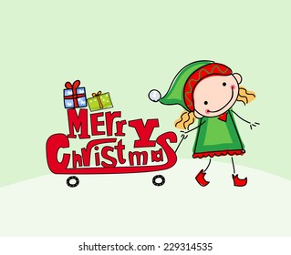 Merry Christmas - elf with gift boxes on sledge