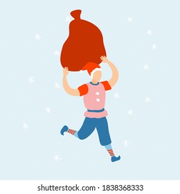 Merry Christmas Elf with gift. Happy New Year. Winter Holidays. Magic time.