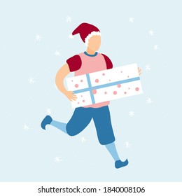Merry Christmas Elf with gift. Happy New Year. Winter Holidays. Magic time.