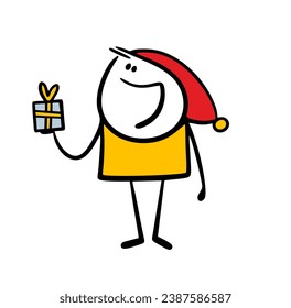 Merry Christmas elf has brought cute gift and wishes you a happy holiday. Vector illustration of a stickman cartoon in red hood with winter box. Isolated on white background.