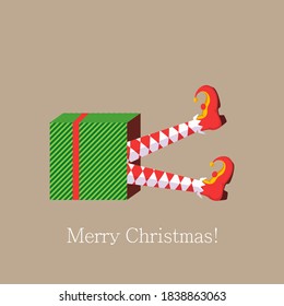 Merry Christmas, elf legs. Shoes for elves feet, feet of gnomes-assistants of Santa Claus in a set of pants. Shoes, funny striped socks and boots. Vector illustration