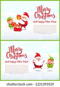 Merry Christmas elf and Santa Claus vector. Winter characters packing sack with presents for good children, helper and elderly man with white beard