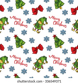 Merry Christmas. Christmas elf, Christmas tree, christmas decoration and snowflakes. Vector seamless illustration (background).
