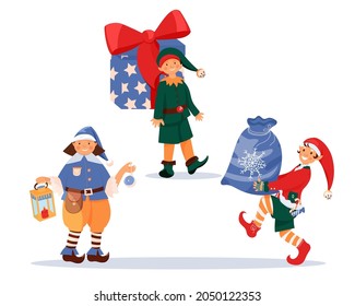 Merry Christmas elfs with big holiday gifts and presents. Flat style. Adorable cartoon characters