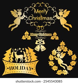 Merry Christmas emblems gold color on black background