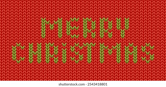 Merry Christmas embroidery text in the background made of wool knitted fabric. Christmas wool fabric, Xmas knitted realistic texture. Vector illustration