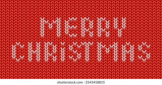 Merry Christmas embroidery text in the background made of wool knitted fabric. Christmas wool fabric, Xmas knitted realistic texture. Vector illustration